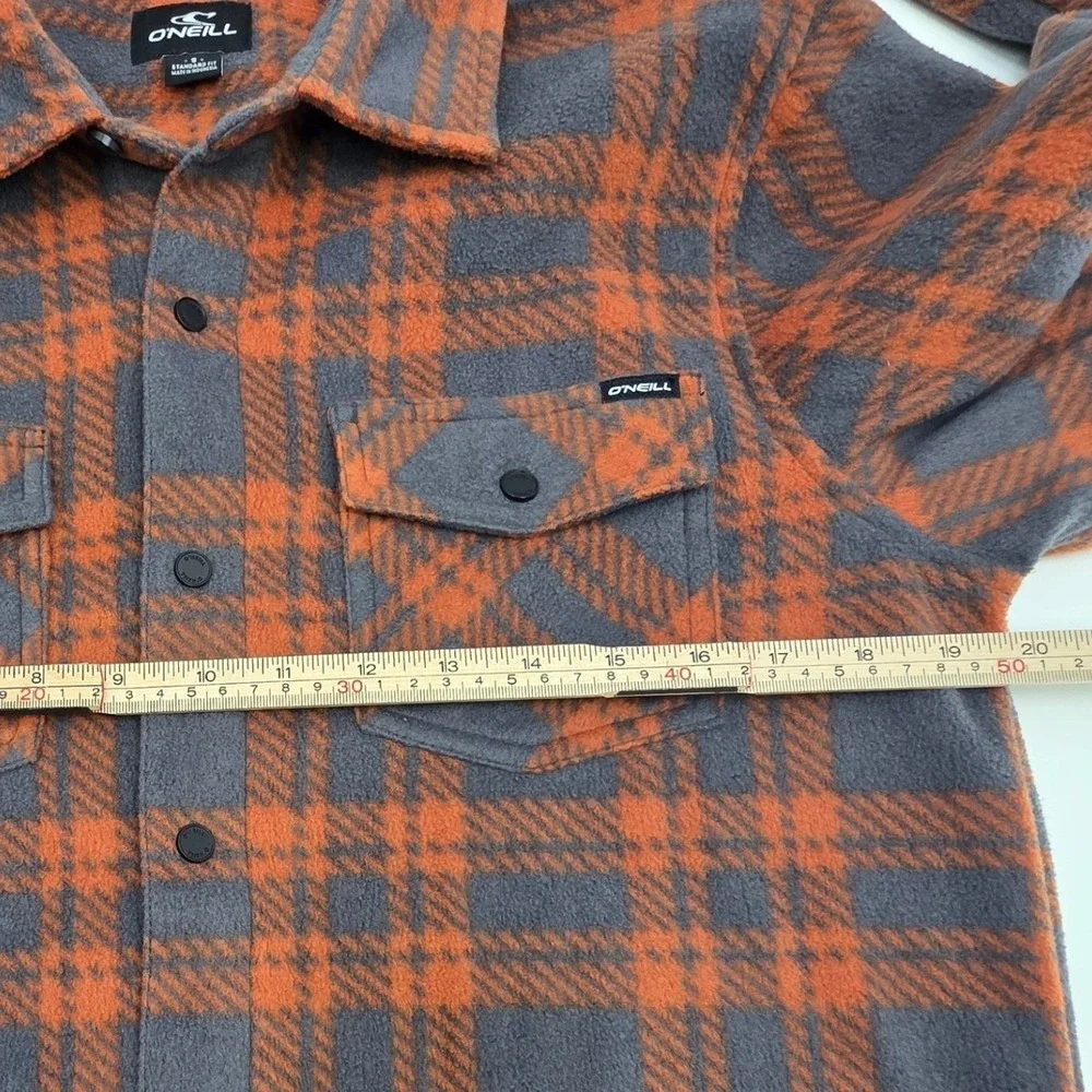 O'NEILL SHACKET PLAID MENS SMALL ORANGE GRAY FLEECE SNAP BUTTONS ARCTIC CHECK